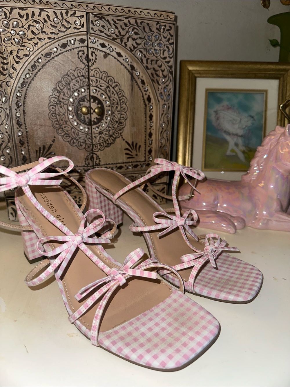Steve Madden Pink Gingham Bow-Strap Block Heel Sandals